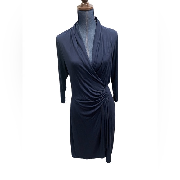 Karen Kane Navy Cascade faux Wrap 3/4 sleeve knee length V-neck Sz large Dress - Picture 2 of 10